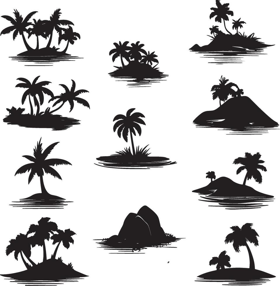 A collection of palm tree and island silhouettes over the ocean. vector