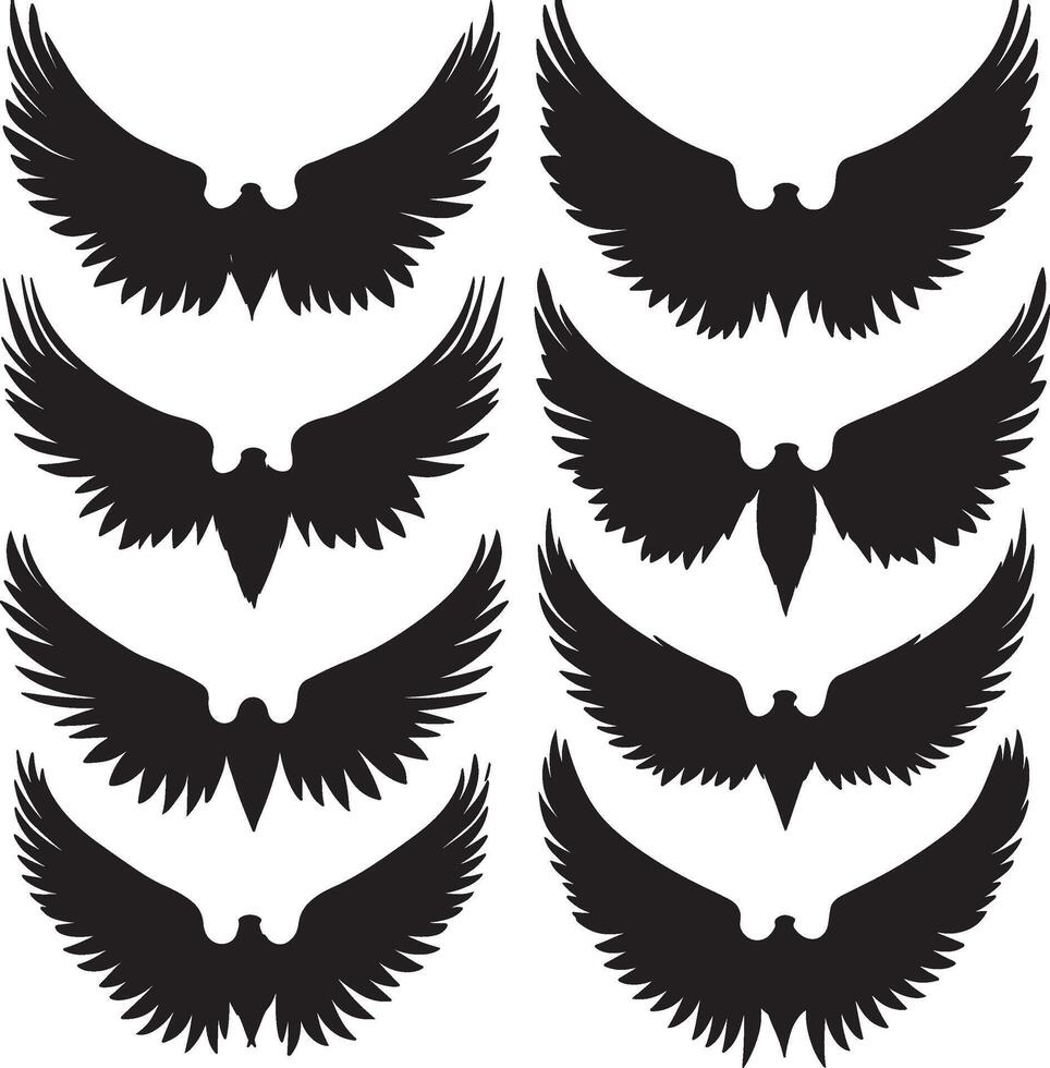 A collection of black wings in various shapes. vector