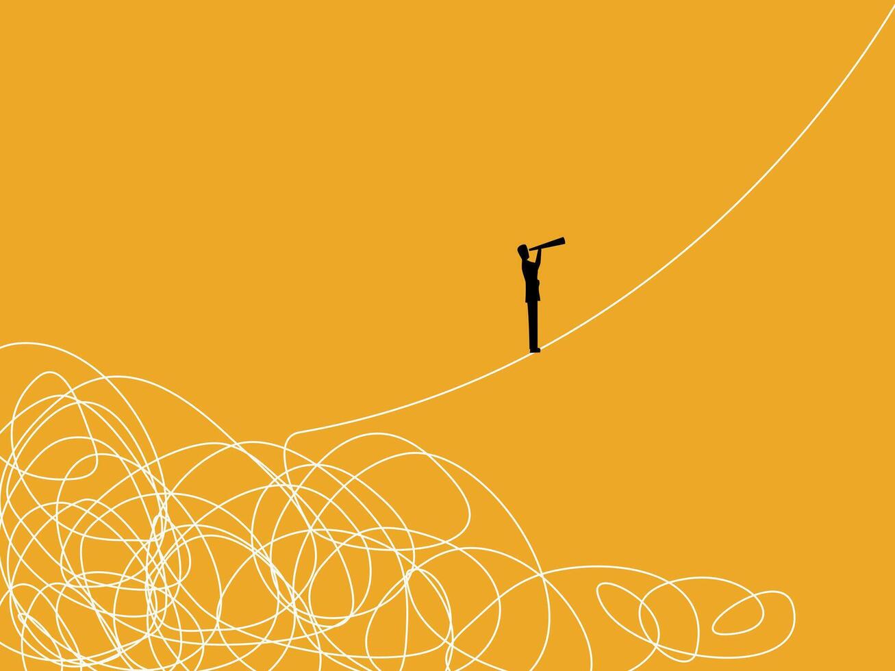 Finding a Solution. Businessman Walks Away from Chaos and Looks into Telescope vector