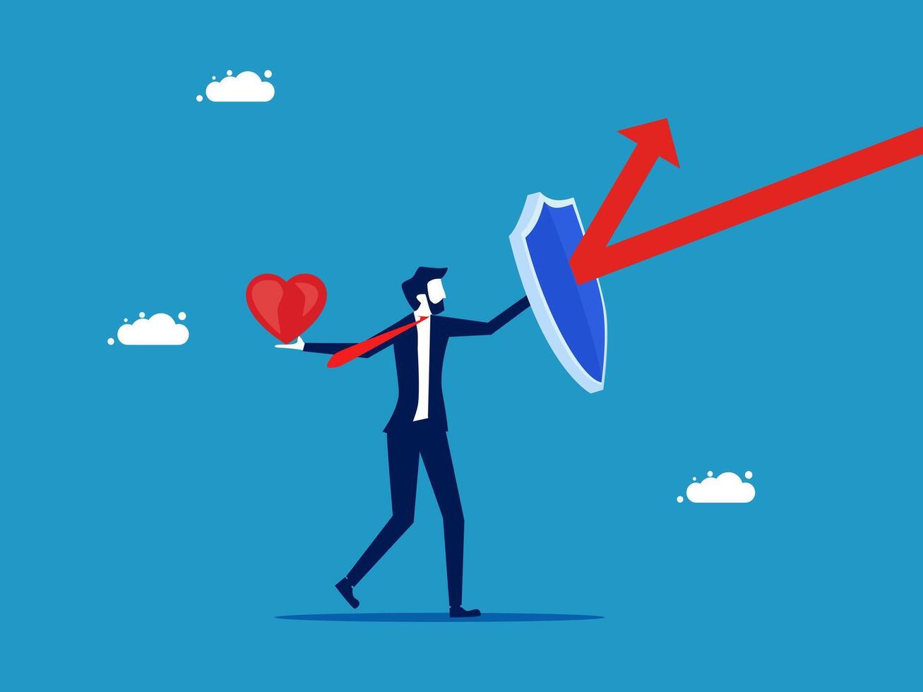 businessman holding a heart and shield with arrow going up vector