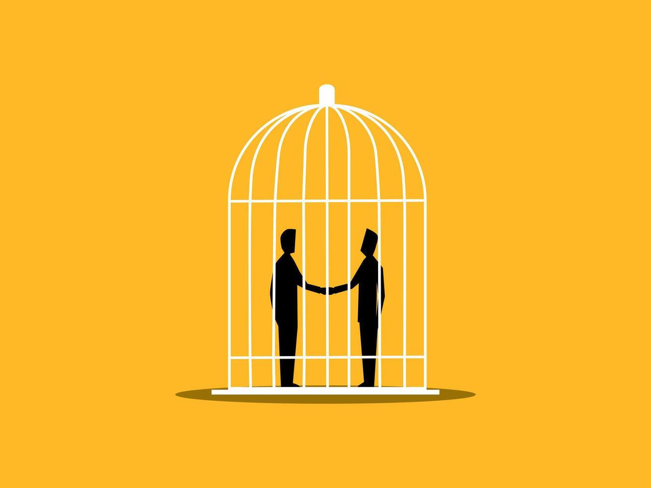 Business binding agreement, businessmen shaking hands in cage. vector