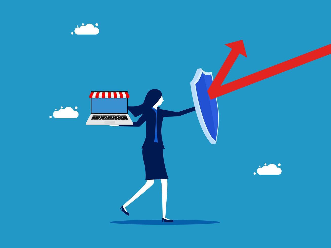 businesswoman holding a laptop and shield with arrow pointing up vector
