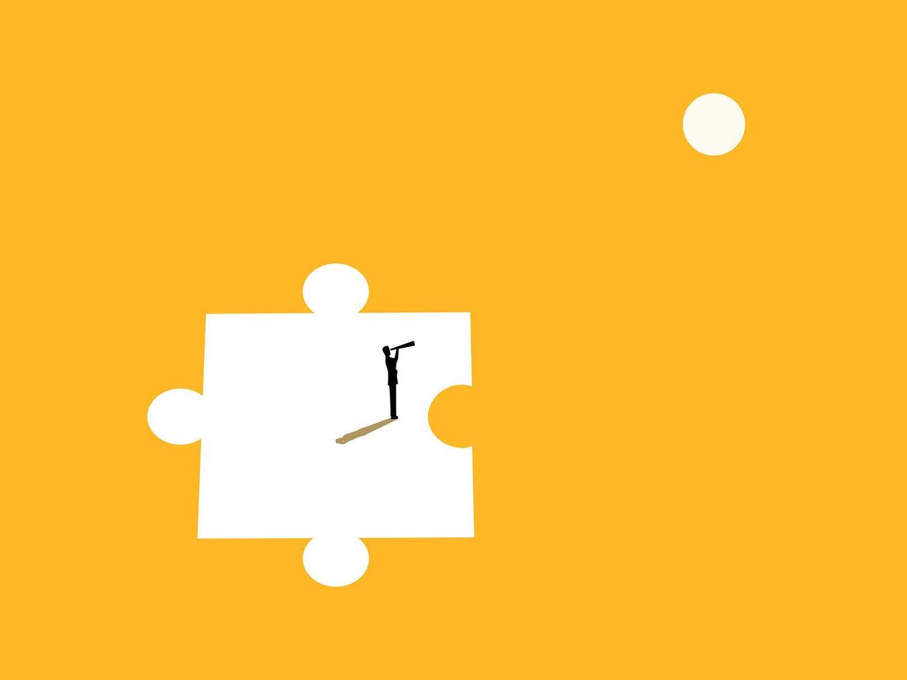 Find a partner, businessman looks through a telescope on an incomplete puzzle piece vector