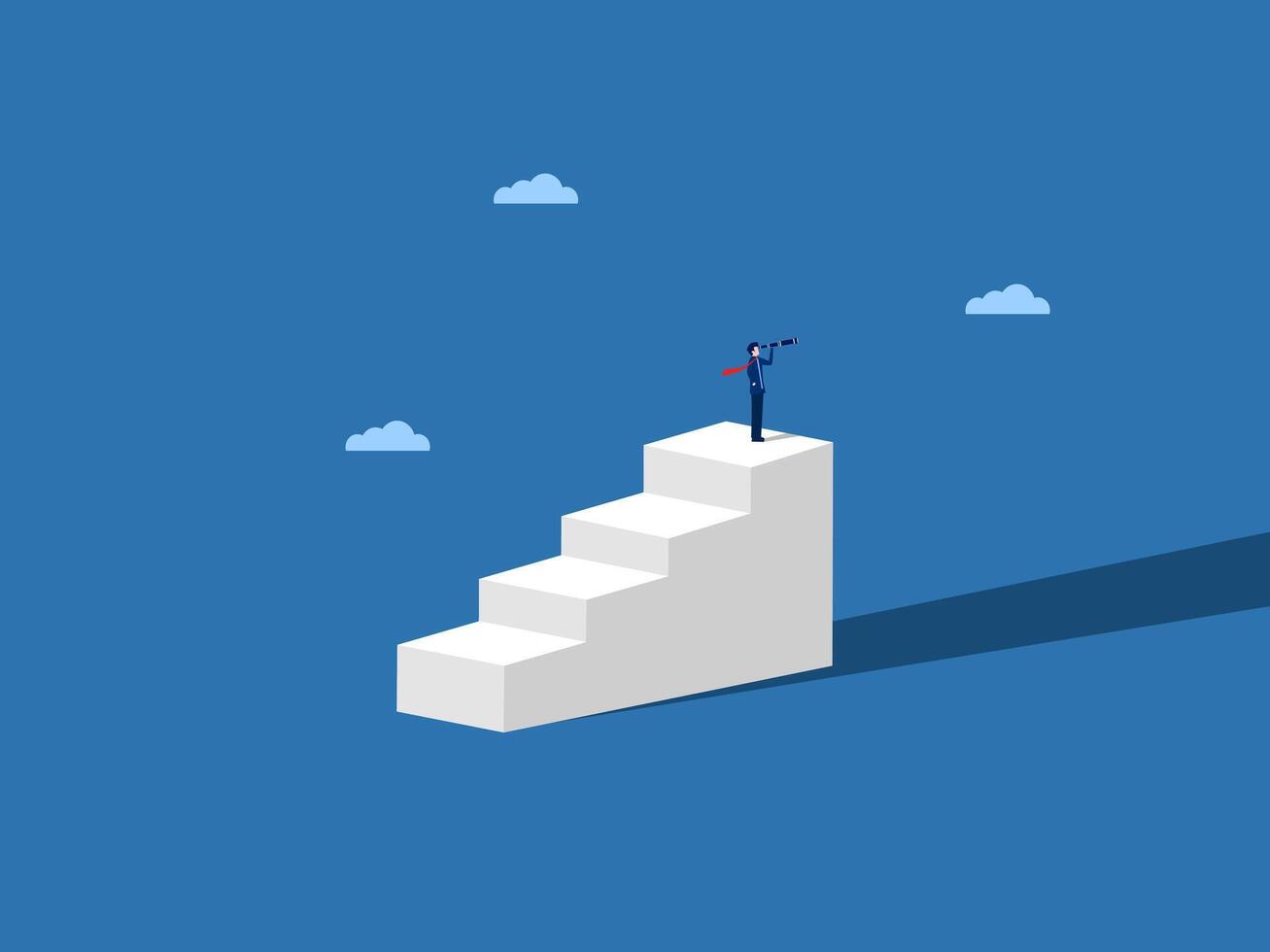 Businessman standing on the top step searching for new opportunities vector