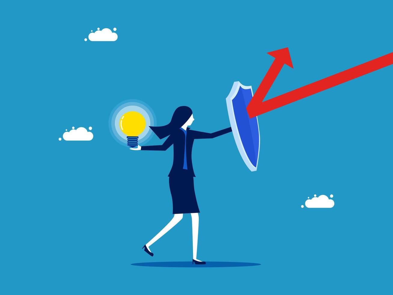 businesswoman holding up a shield with an arrow pointing up and light bulb vector