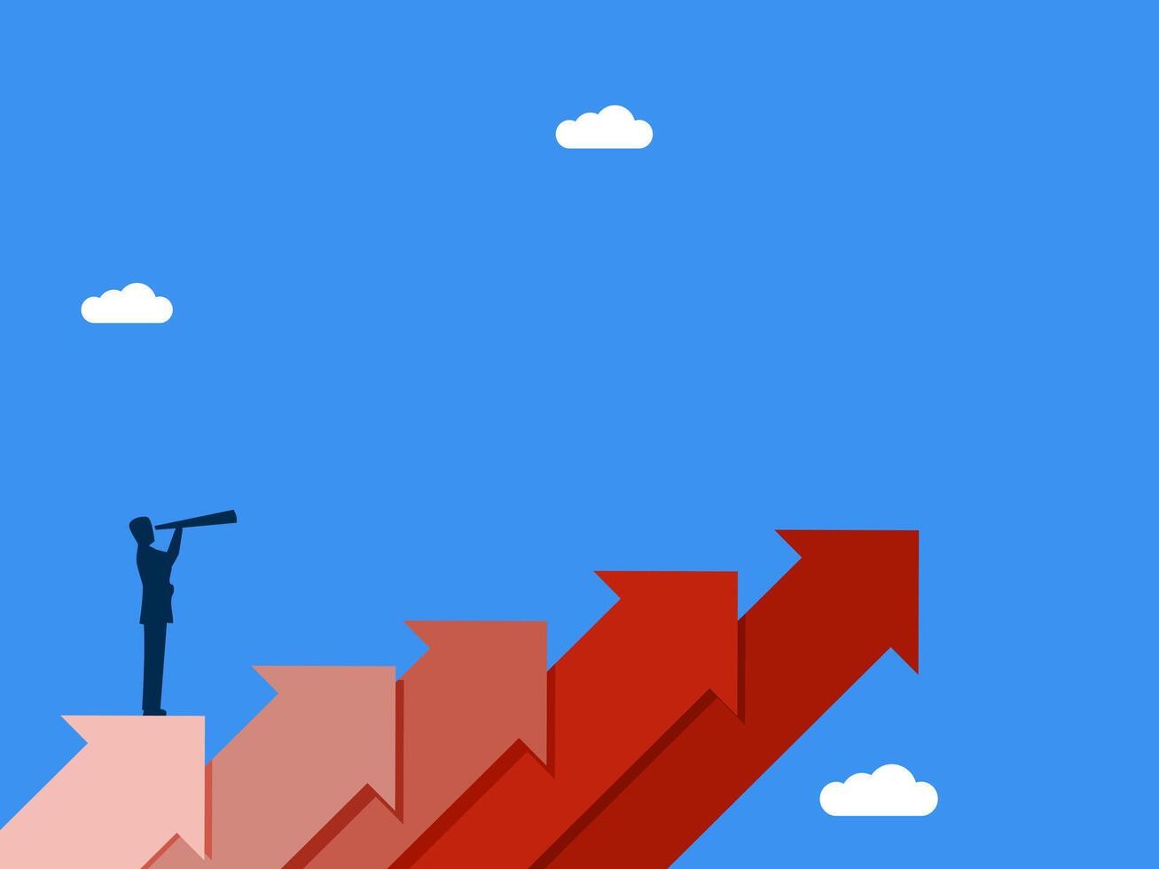 Businessman standing looking through binoculars on the stairs to arrow to success vector
