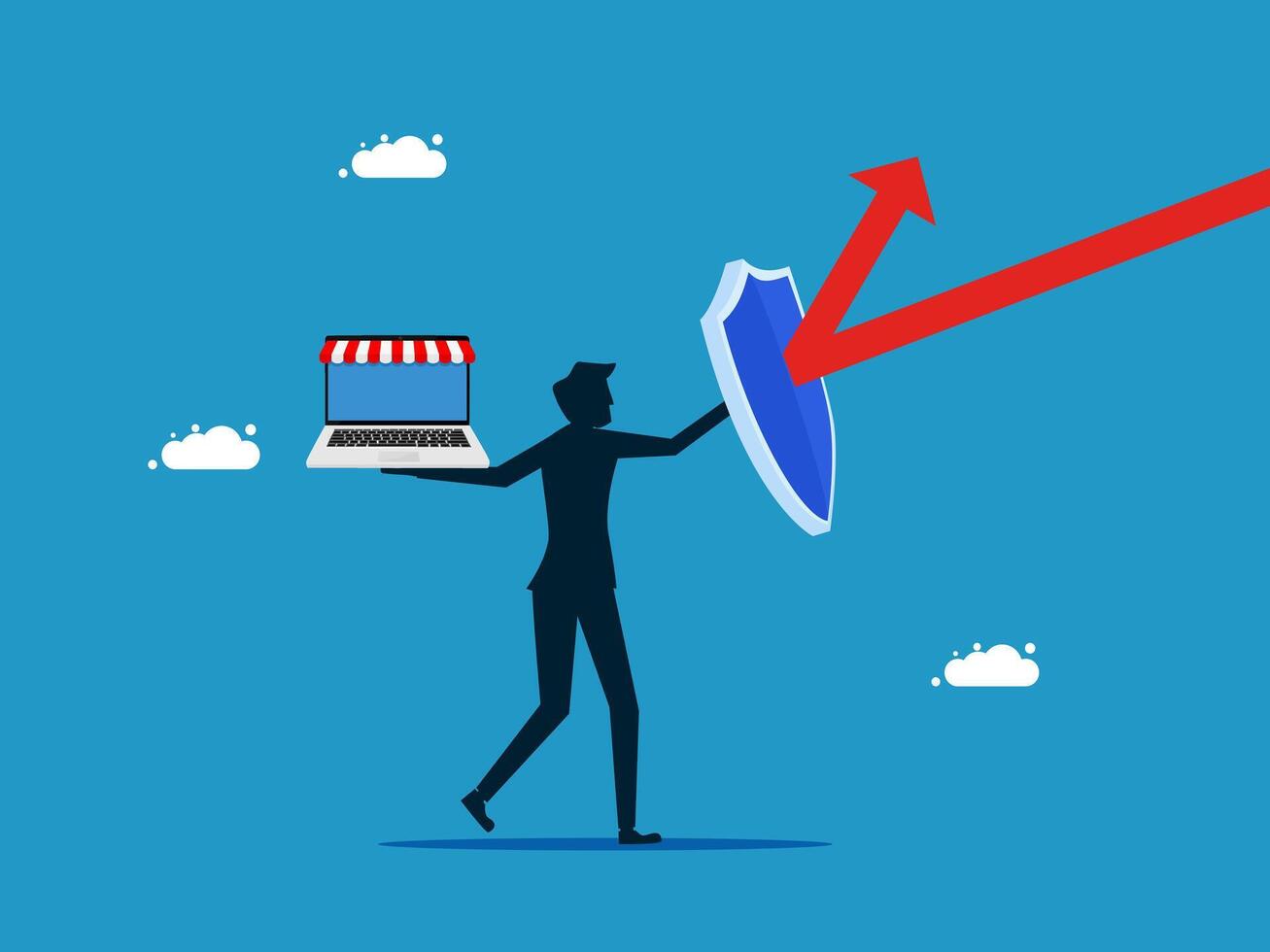 a man holding a laptop and shield with arrow pointing up vector