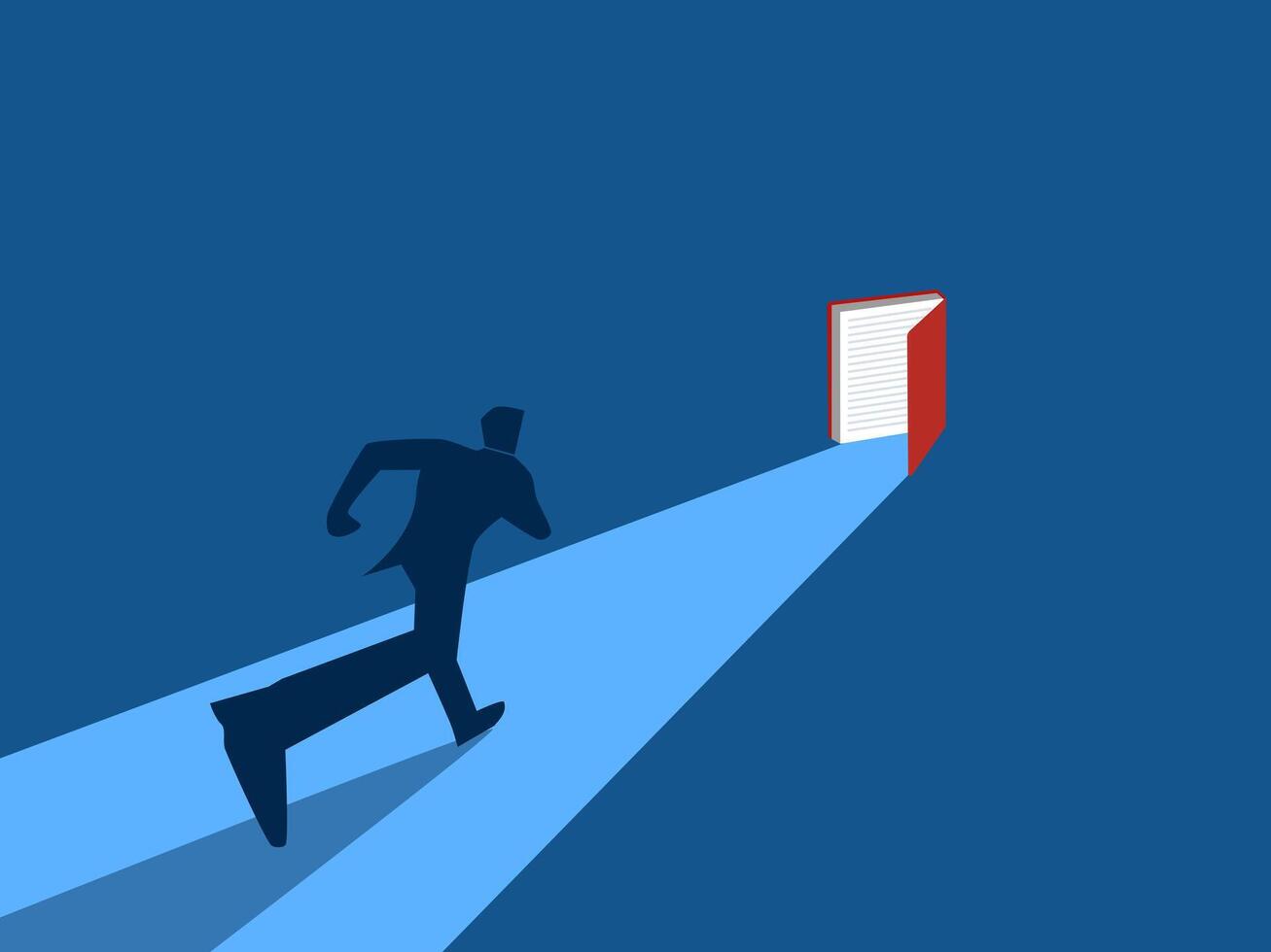 Research, Knowledge, Businessman running to the open book door vector
