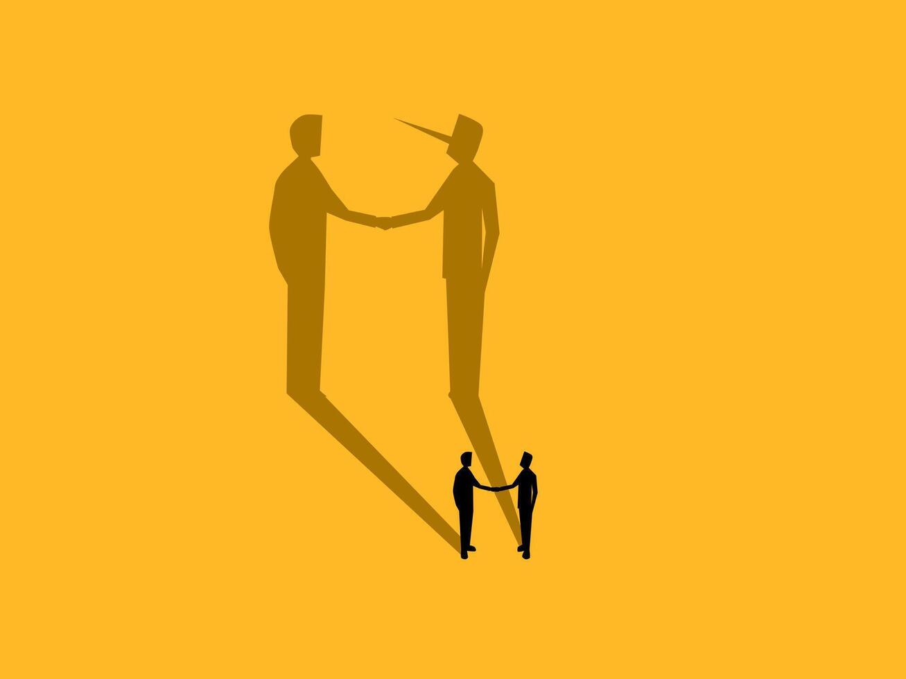 Lies, untrustworthiness, deception, two businessmen negotiate with a deceitful shadow vector
