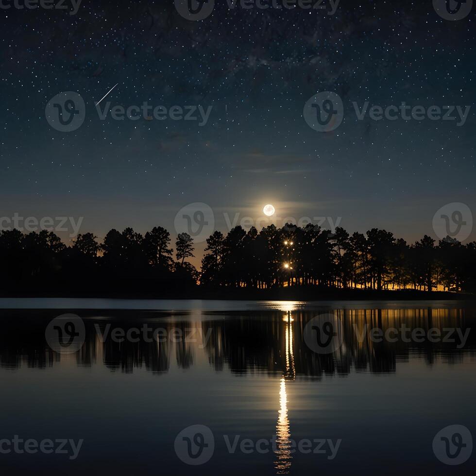 the moon and a shooting star over a lake photo