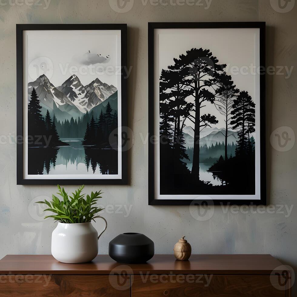 two framed prints of mountains and trees on a wall photo