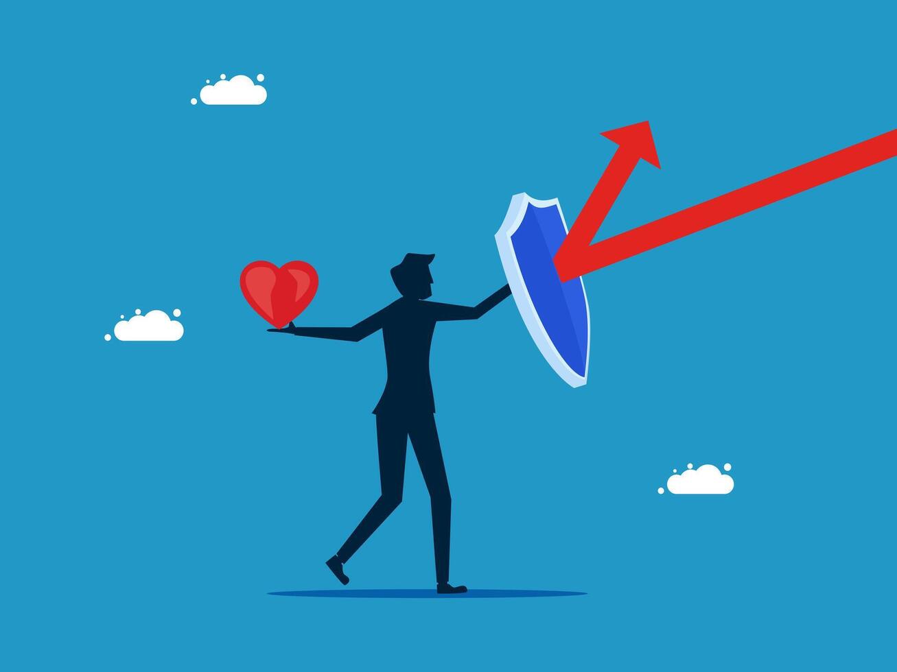 man holding a heart and shield with arrow going up vector
