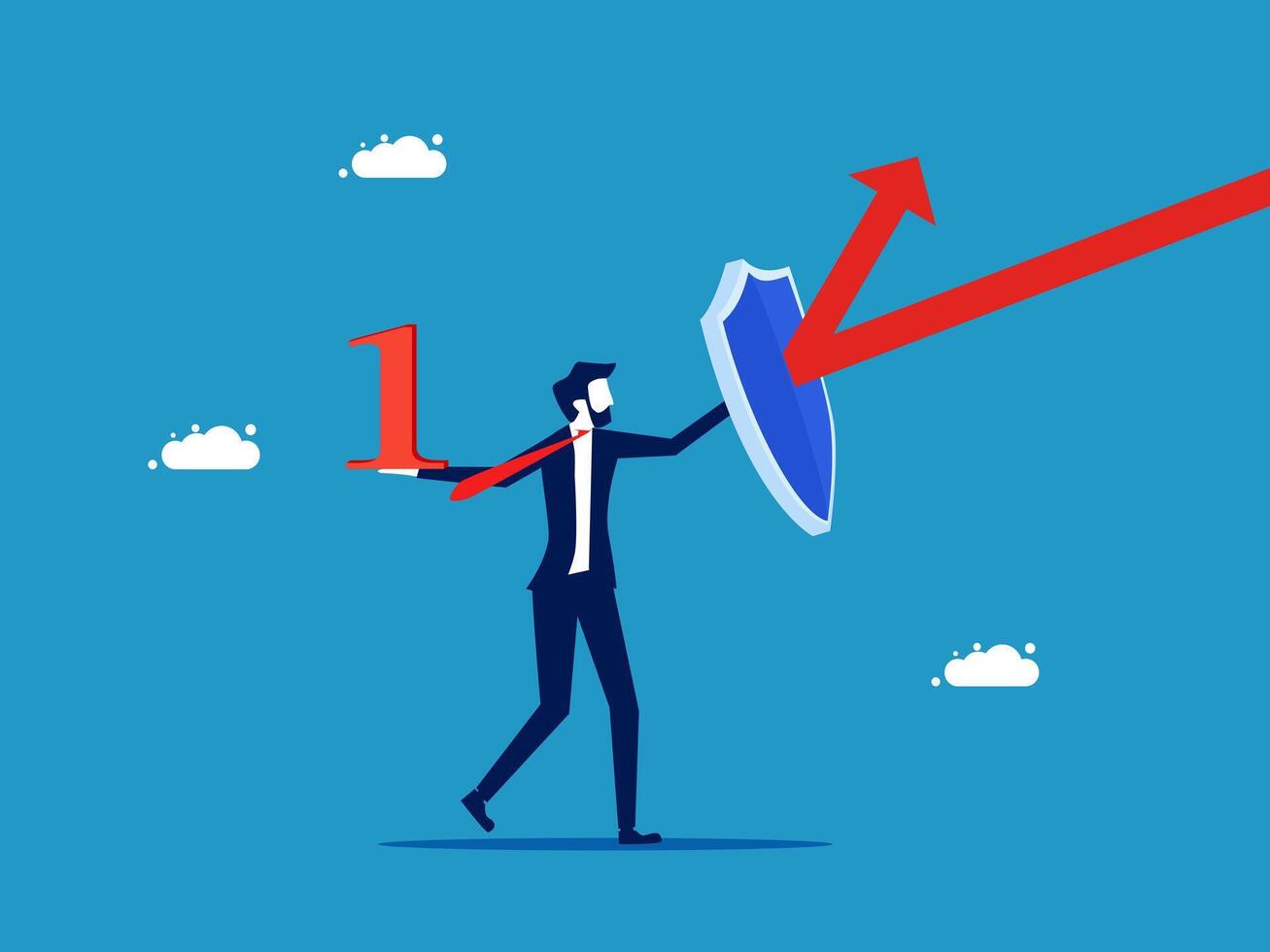 businessman holding shield and arrow up to the sky vector