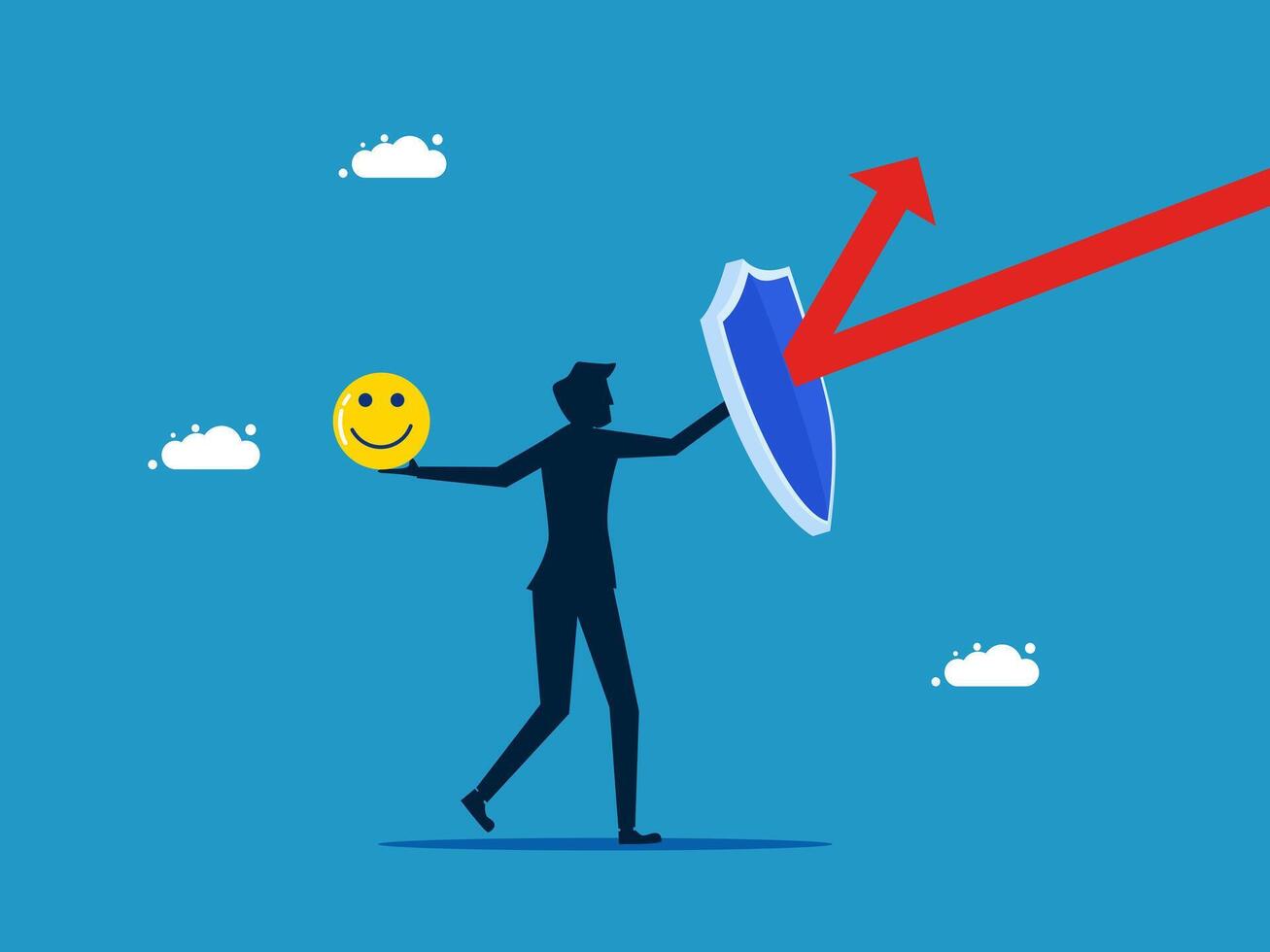 businessman holding shield and smiling face with arrow up vector
