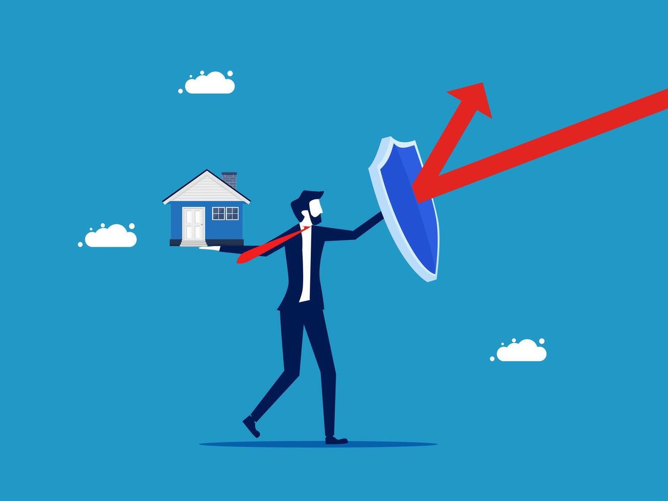 man holding a shield with a house and an arrow pointing up vector