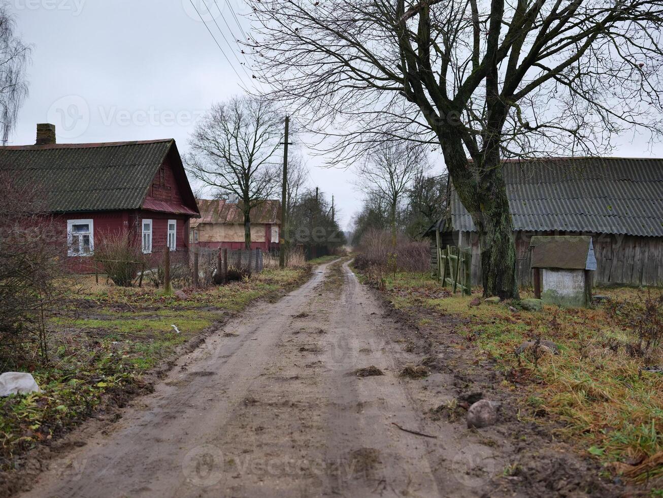 A serene and picturesque landscape featuring a rustic dirt road lined by charming homes under a cloudy sky photo