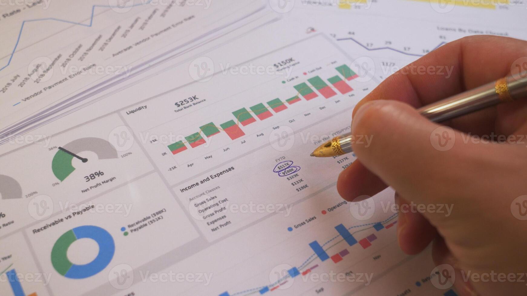 A detailed closeup view of a hand meticulously reviewing various charts and graphs for indepth data analysis photo