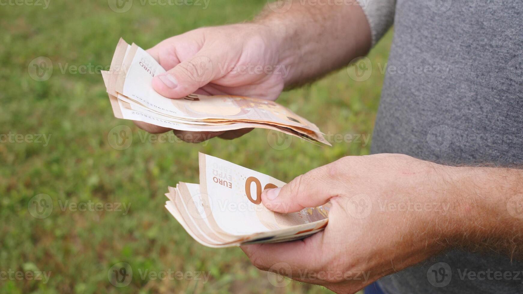 A closeup image captures hands meticulously counting cash among a serene natural outdoor environment photo