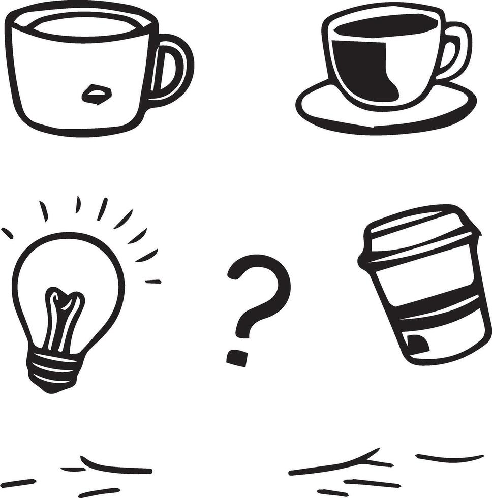 Hand drawn doodle question marks, coffee cup and lightbulb vector