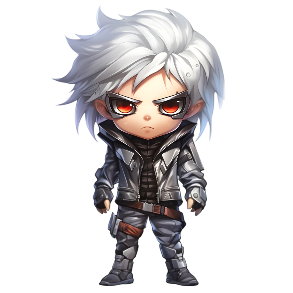 Futuristic chibi boy with silver hair cyberpunk city digital art nighttime close-up adventure png