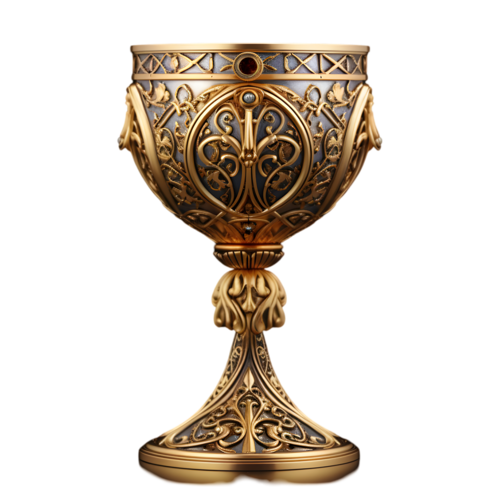 Medieval-style golden goblet fantasy realm 3d render decorative art detailed view opulence concept png
