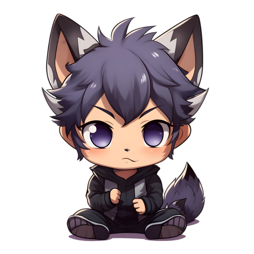 Chibi boy with wolf ears and tail fantasy realm character art whimsical setting close-up view adorable concept png