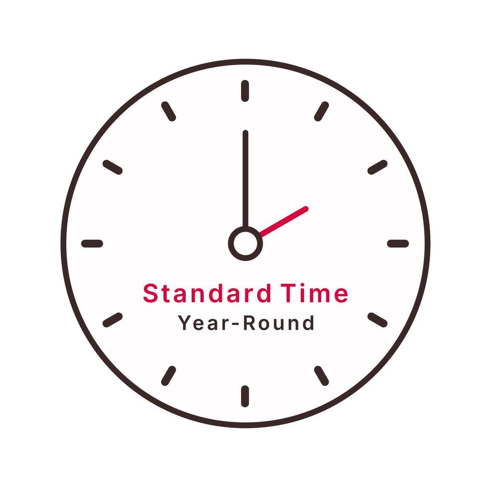 Standard time Year-round poster with clock. Abolition of Daylight saving time. End on Spring Forward Fall back. Cancel of DST icon for banner post cover. vector
