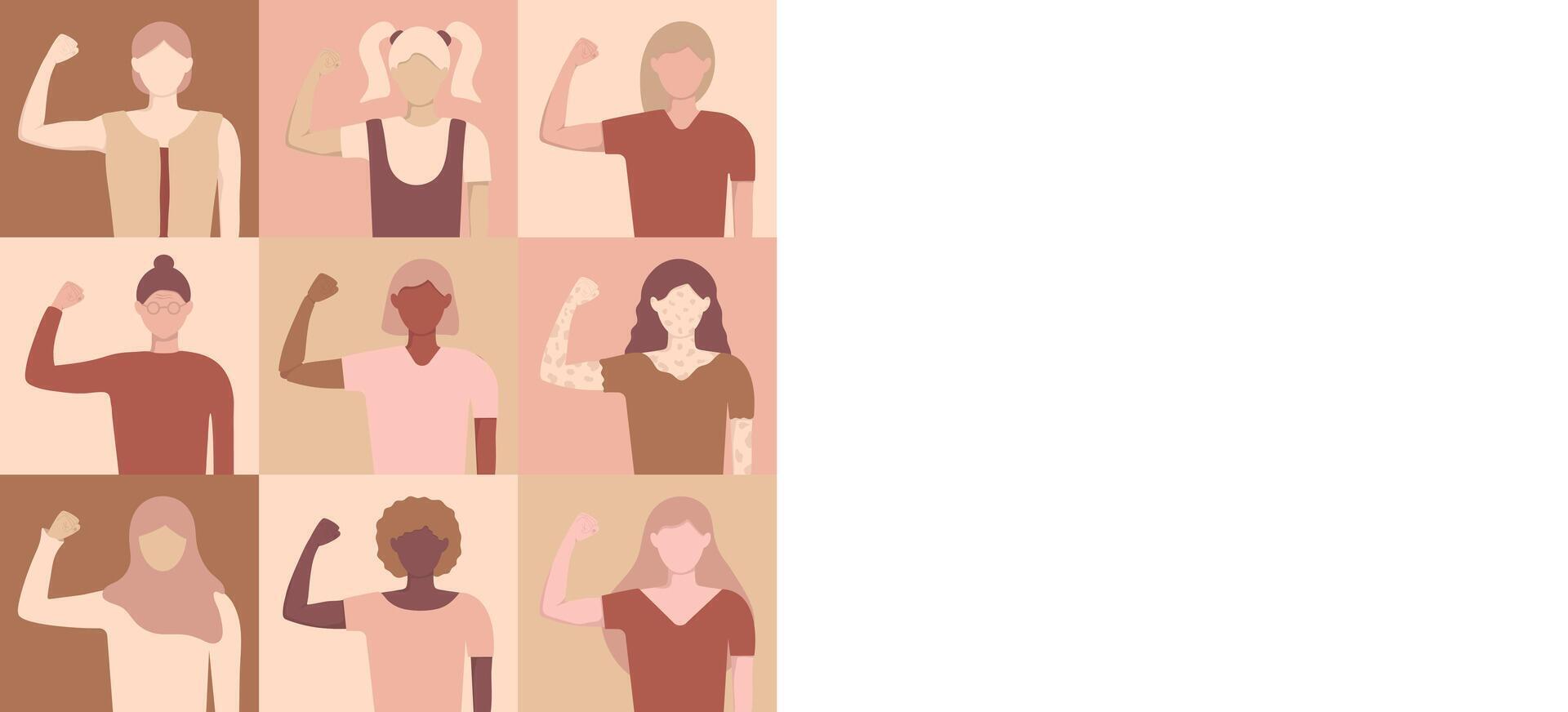Women protesting for their rights. Female profile of different nationalities, ages and skins show strength of biceps. People raised their hands up. Girl power banner with copy space vector