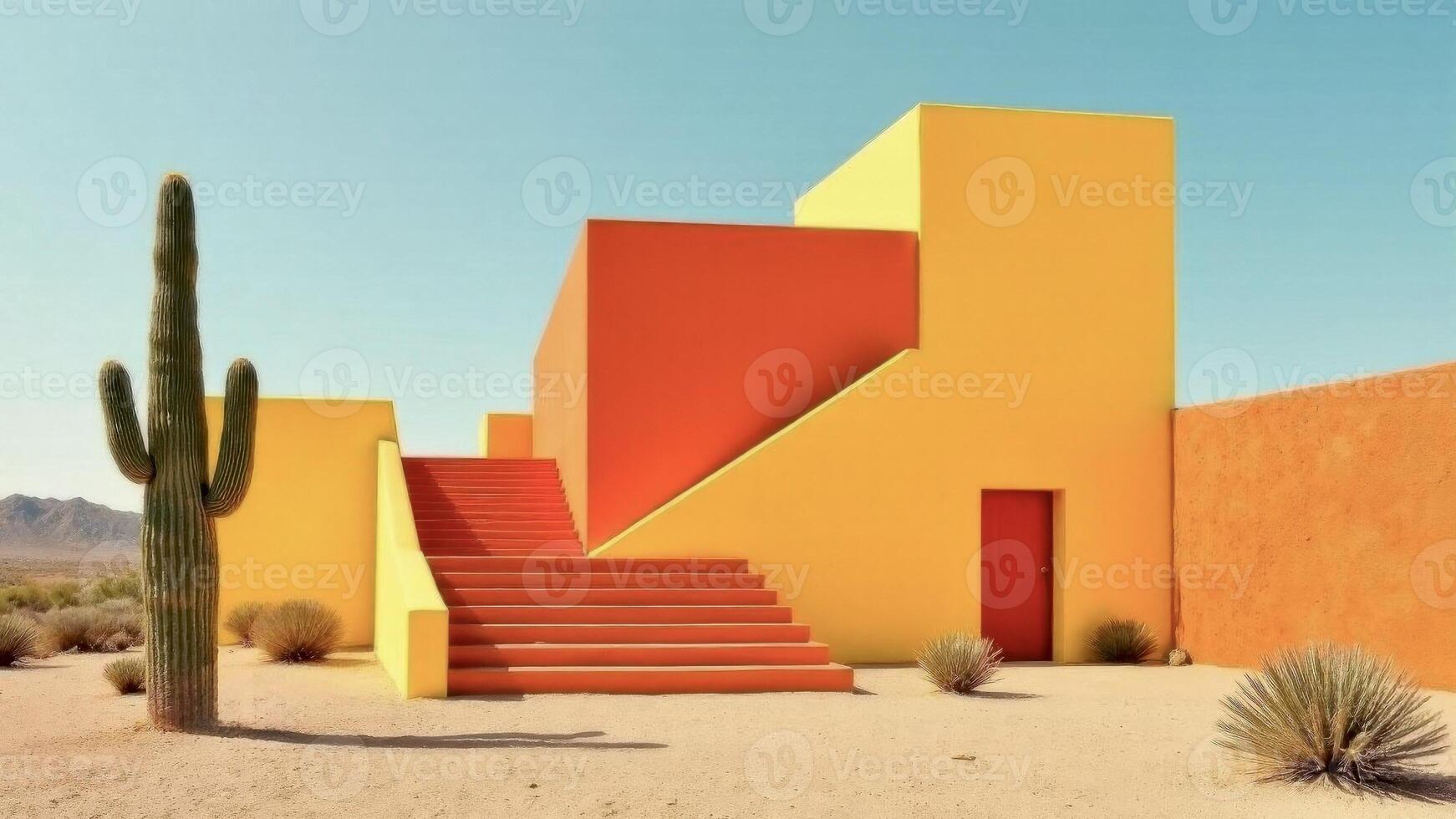 A yellow building with a red staircase standing in the desert, minimalist style photo