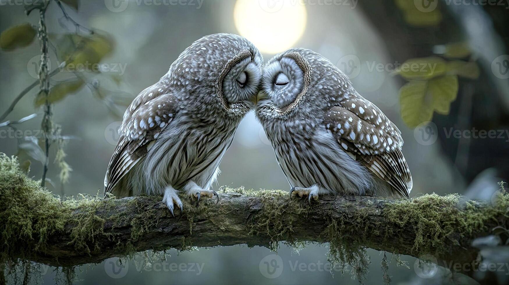 Kissing owls on a branch in the forest photo