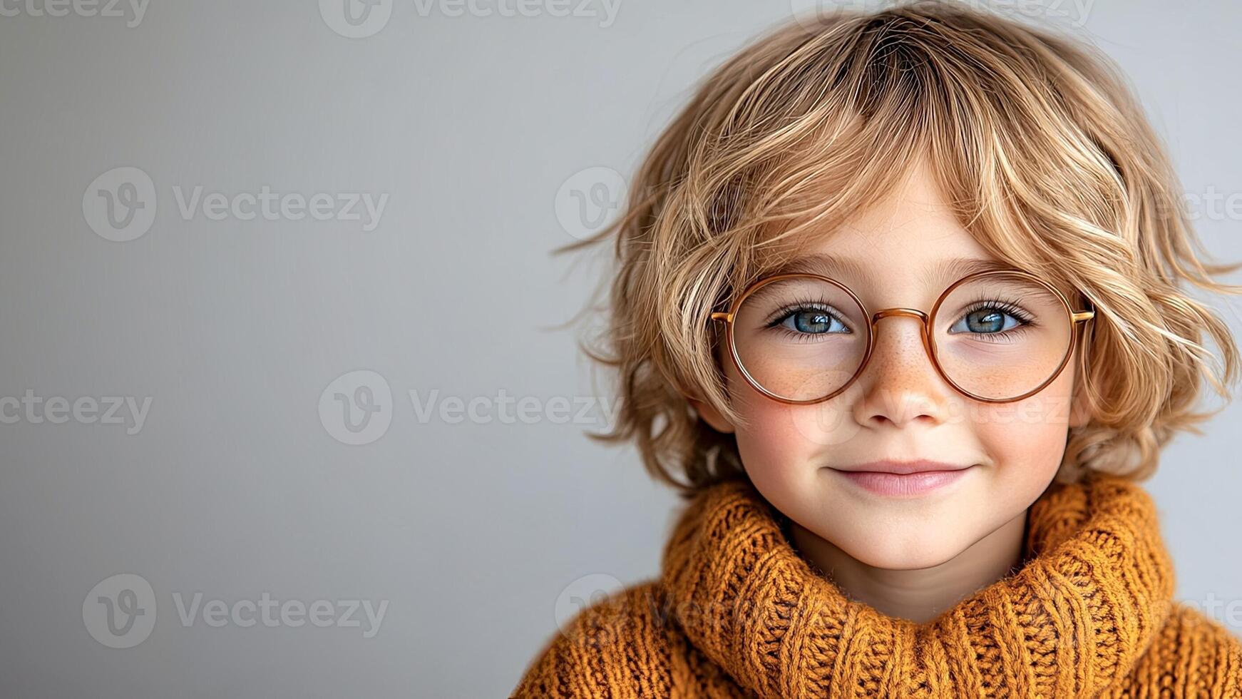 Handsome boy in warm brown sweater on white solid background with copy space photo
