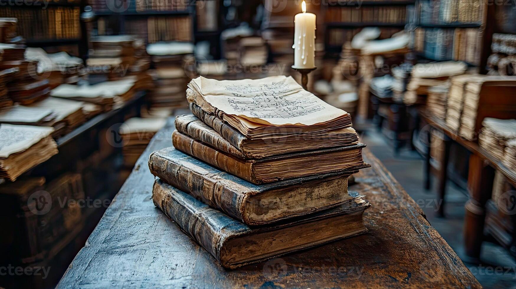 Numerologists wooden desk with ancient books, parchment papers filled with calculations, old quill pen, burning candle, magical ambiance photo