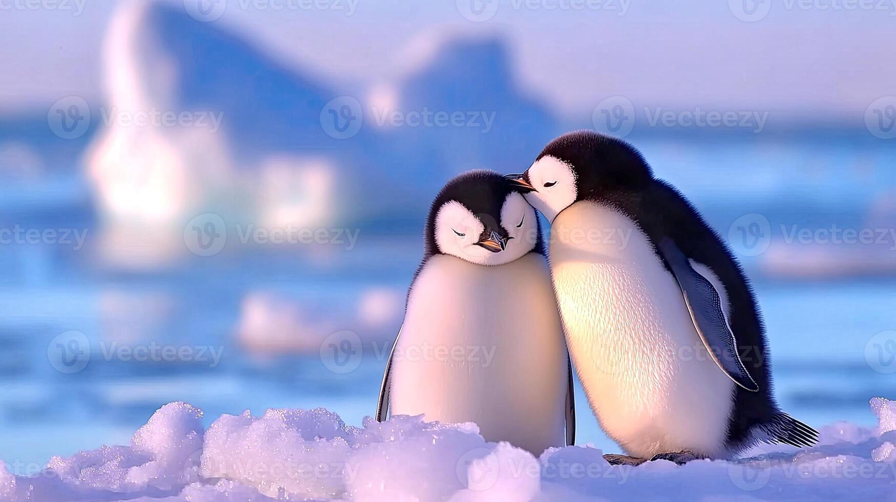 Funny penguins standing in the snow snuggled together, basking in the rare rays of the winter sun, the concept of love and care photo