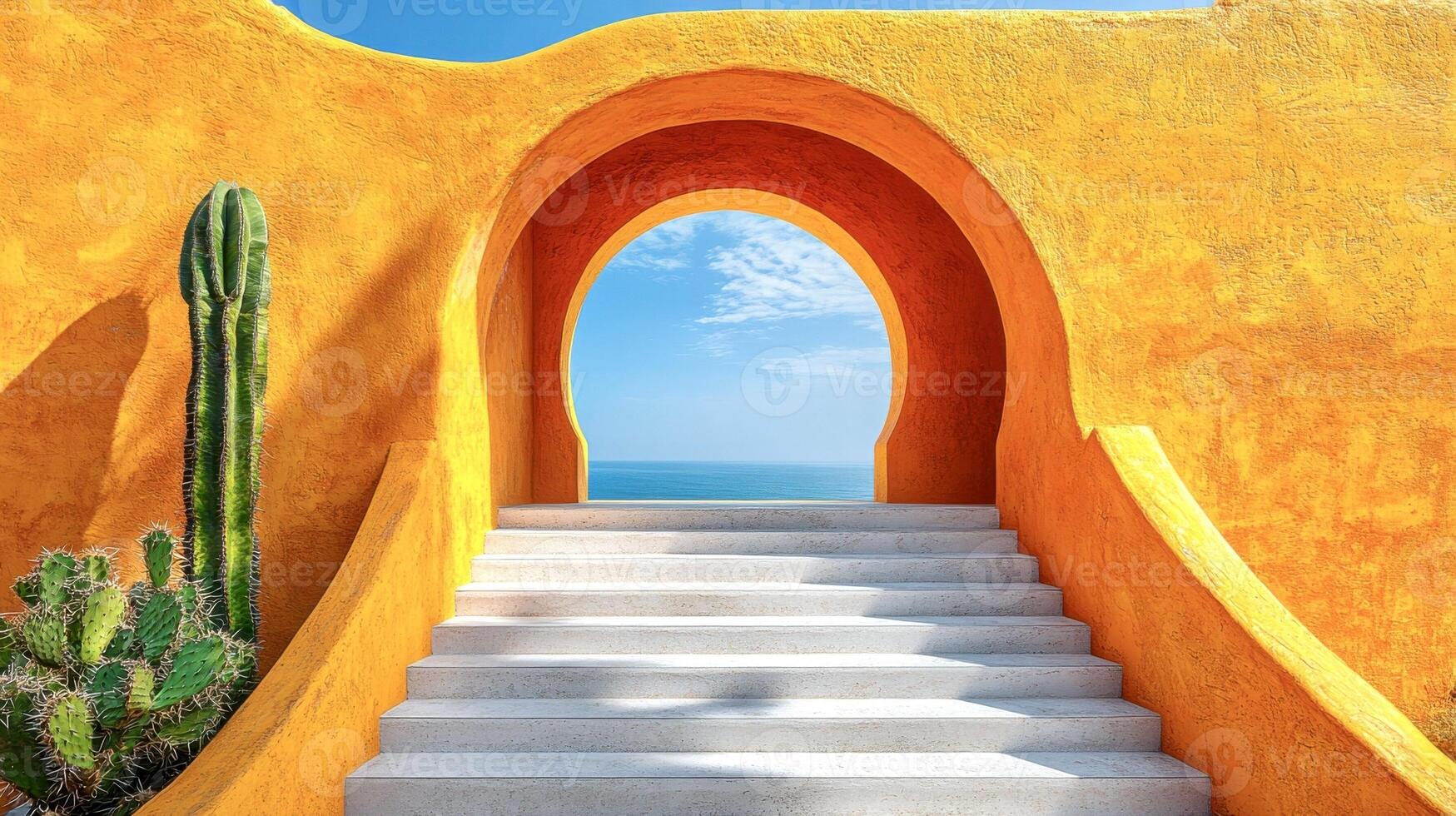 A staircase leading up to a round arch of a bright yellow building, with blue sky and sea visible through the arch photo
