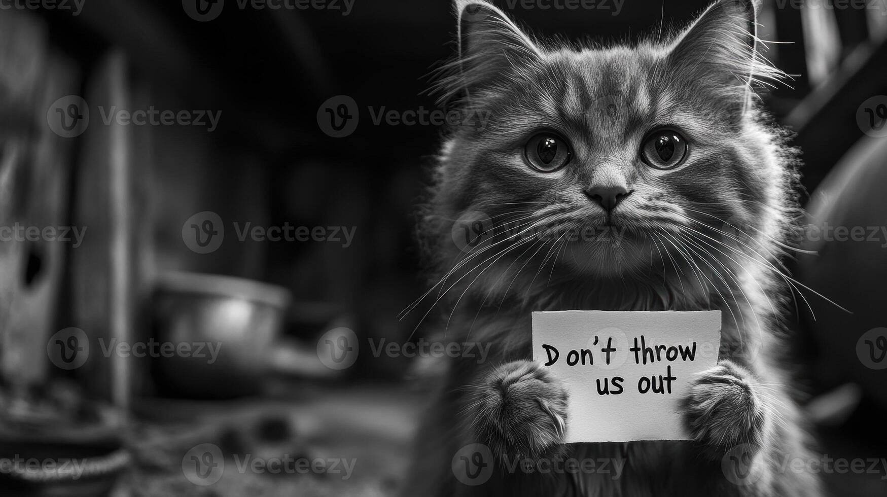 A bw photo of an unhappy cat in the basement of an abandoned house, which was thrown out to live on the street. The cat is holding a note in its paws Don't throw us out
