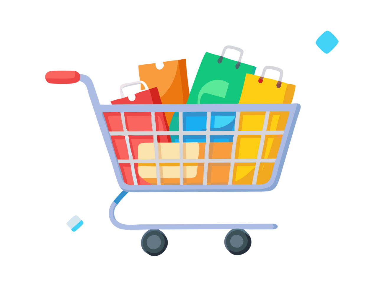 Shopping cart filled with colorful bags retail store digital illustration vibrant environment eye-level view consumerism concept png