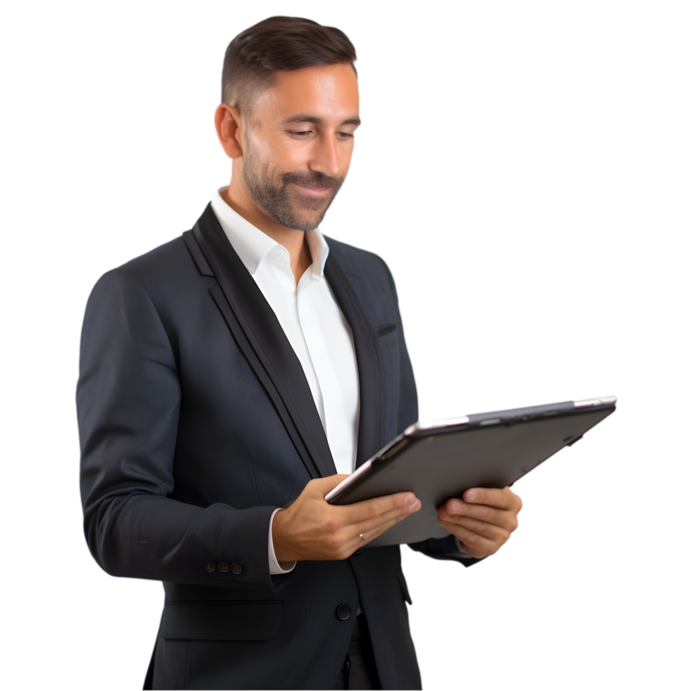 Professional businessman using tablet in modern office setting for innovative solutions and collaboration png