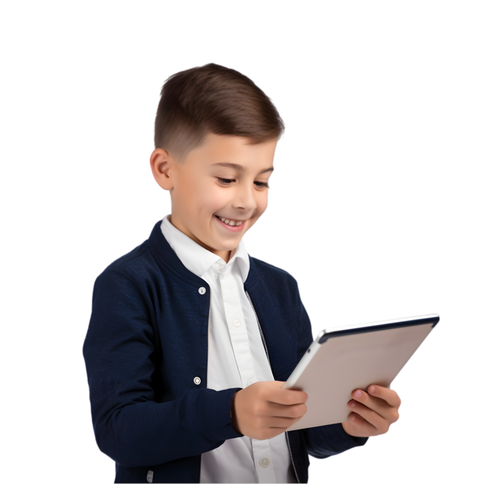 Young boy engaged in learning activities with tablet indoor setting digital education home environment close-up view technology awareness png