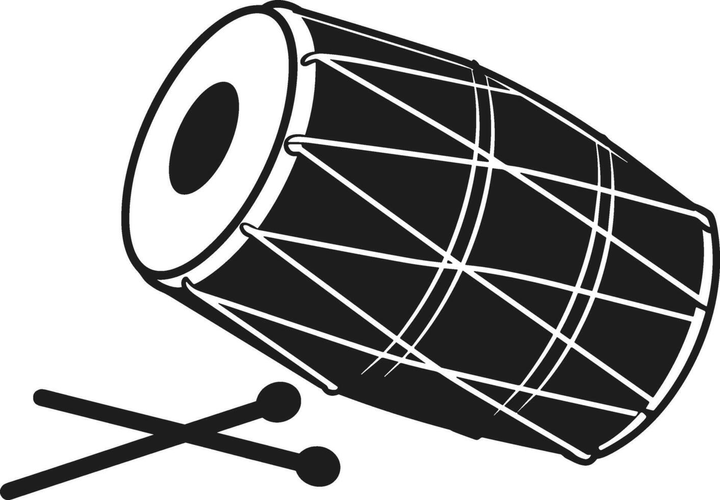 Traditional Dhol Drum with Drumsticks - Black Percussion Instrument vector
