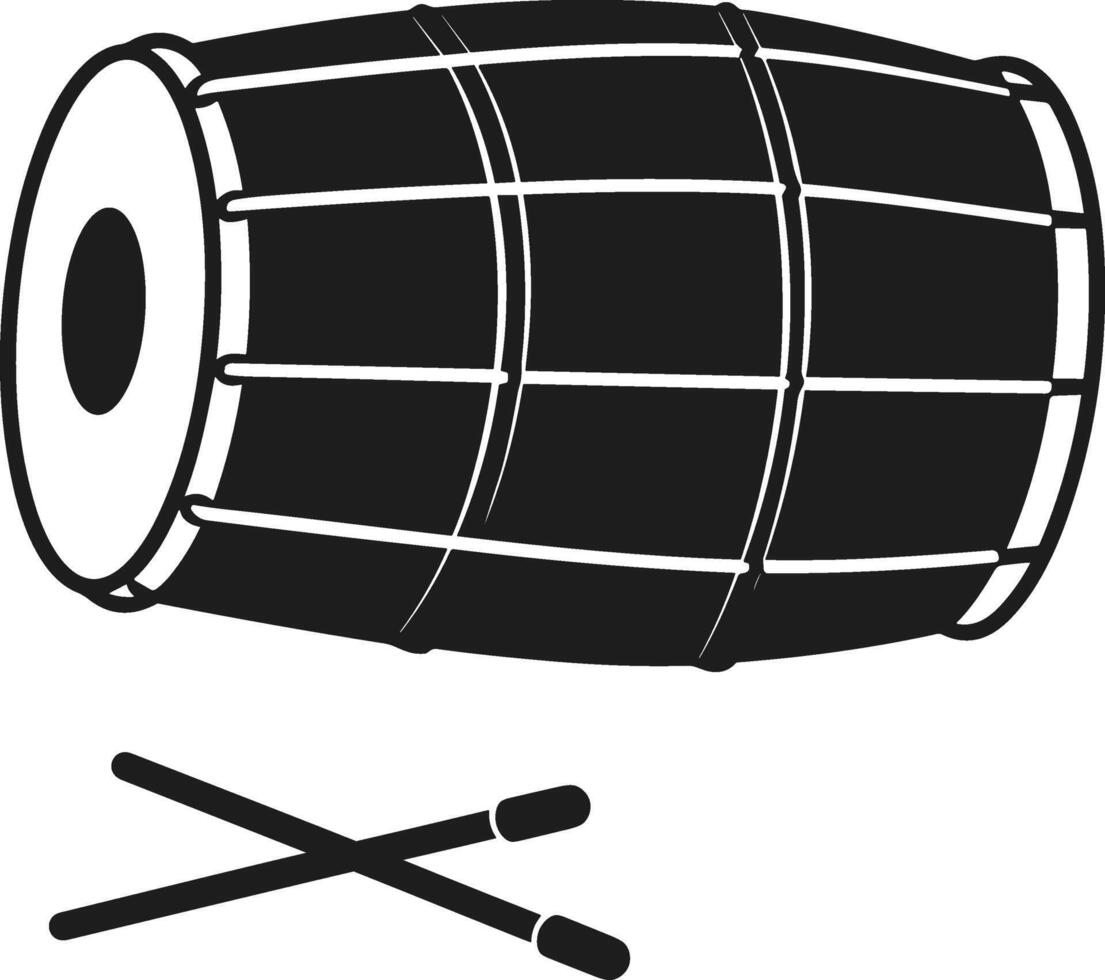 Traditional Dhol Drum Silhouette with Drumsticks - Percussion Instrument vector