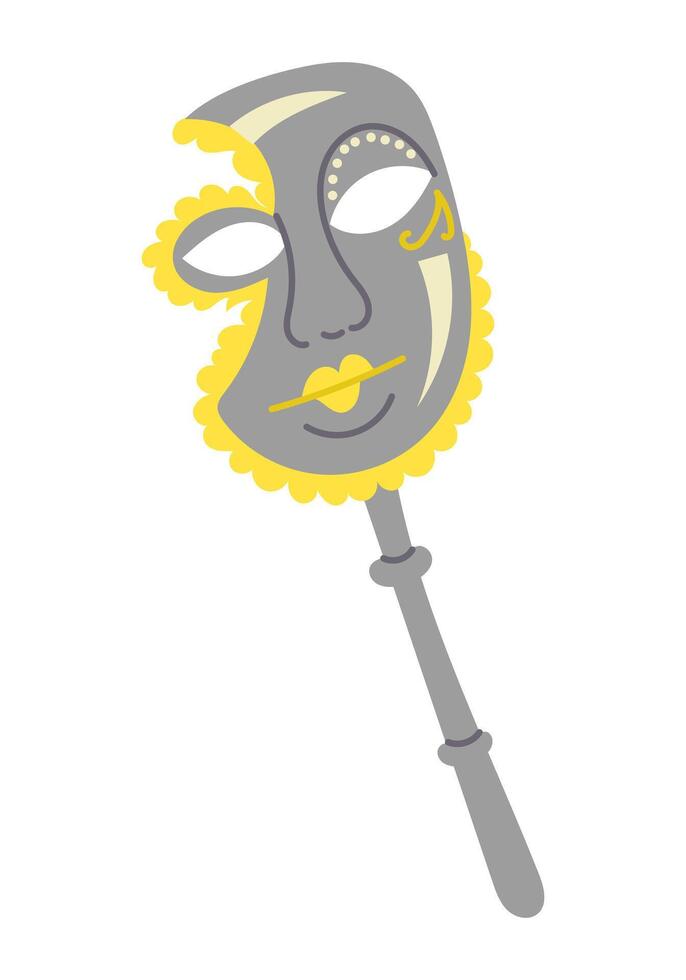 Elegant Venetian style mask on a stick with intricate yellow and gray decorative details, designed in a minimalist artistic style. flat drawing isolated on white background vector