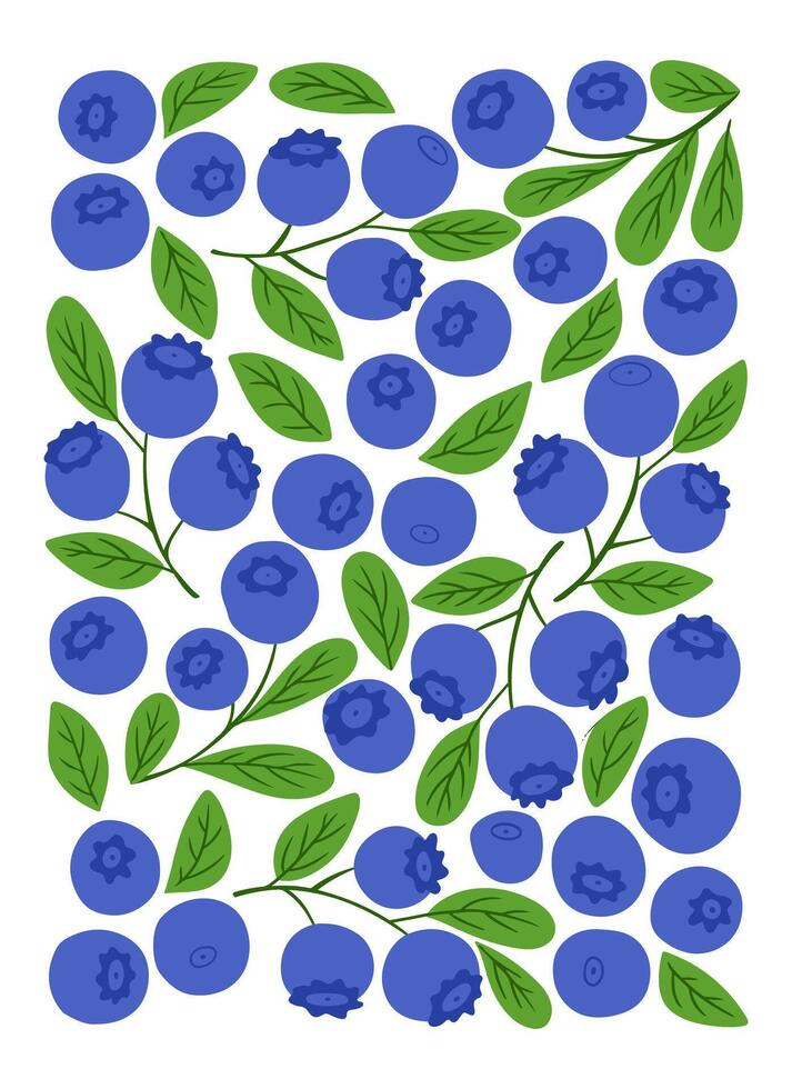 Berry banner with blue blueberries and green leaves on a white background, designed in a minimalist style. retro style botanical poster or greeting card vector