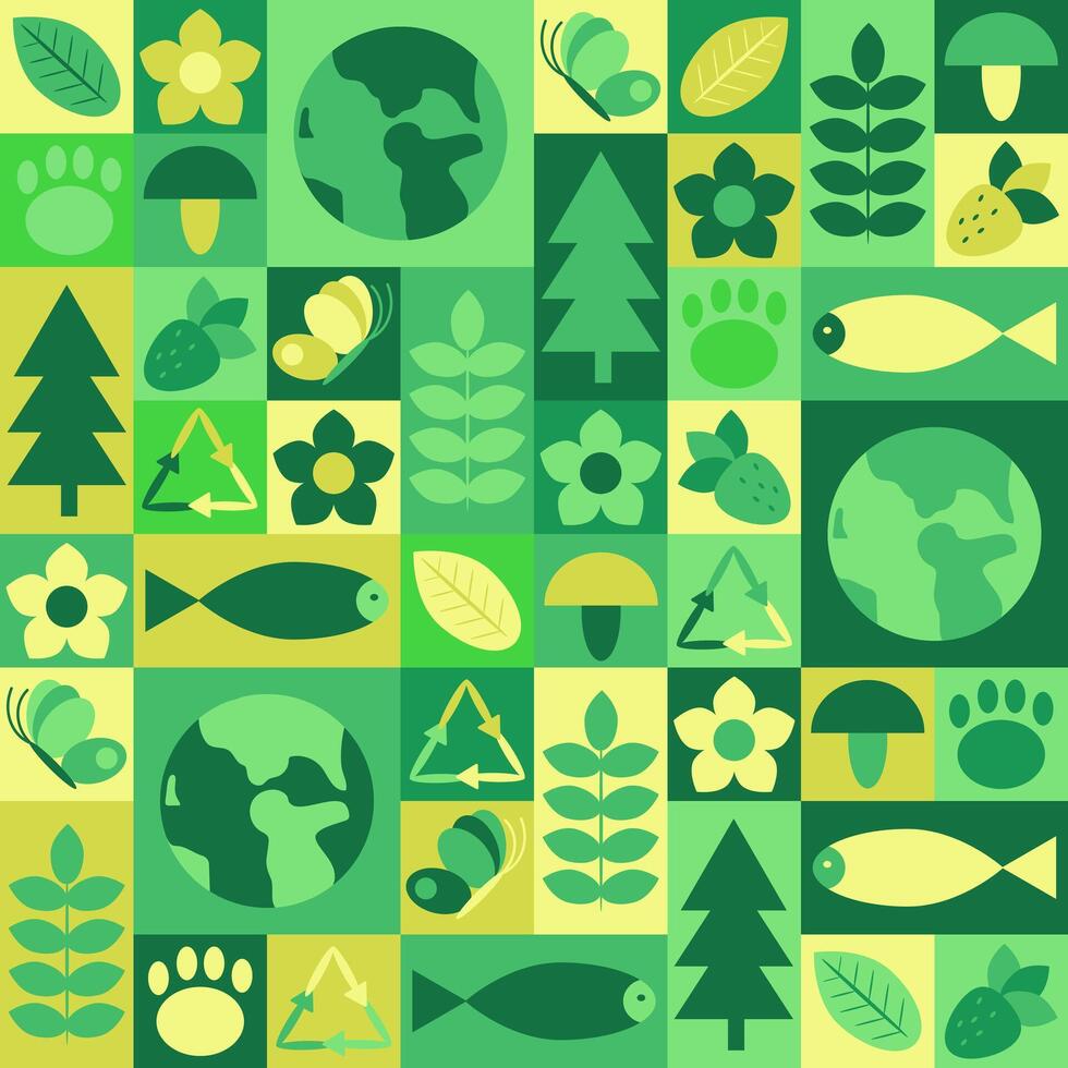 Seamless modular eco-friendly pattern with nature symbols, including Earth, trees, leaves, animals, and recycling icons in a geometric design. geometric illustration for wrapping or wallpaper vector