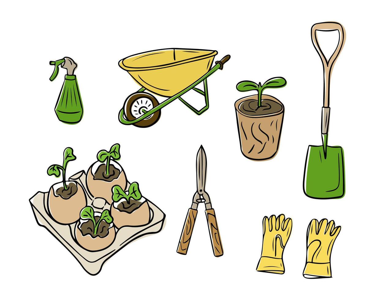 Set of gardening tools and items, including a shovel, wheelbarrow, gloves, sprayer, shears, and seedlings in eggshells, illustrated in a stylish design vector