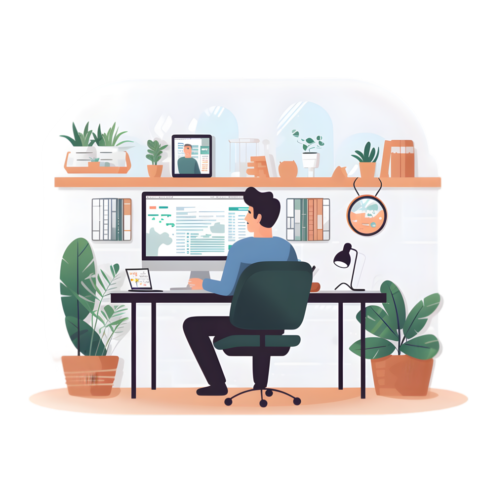 Home office productivity man working at desk surrounded by plants indoor setting digital workspace personal development png