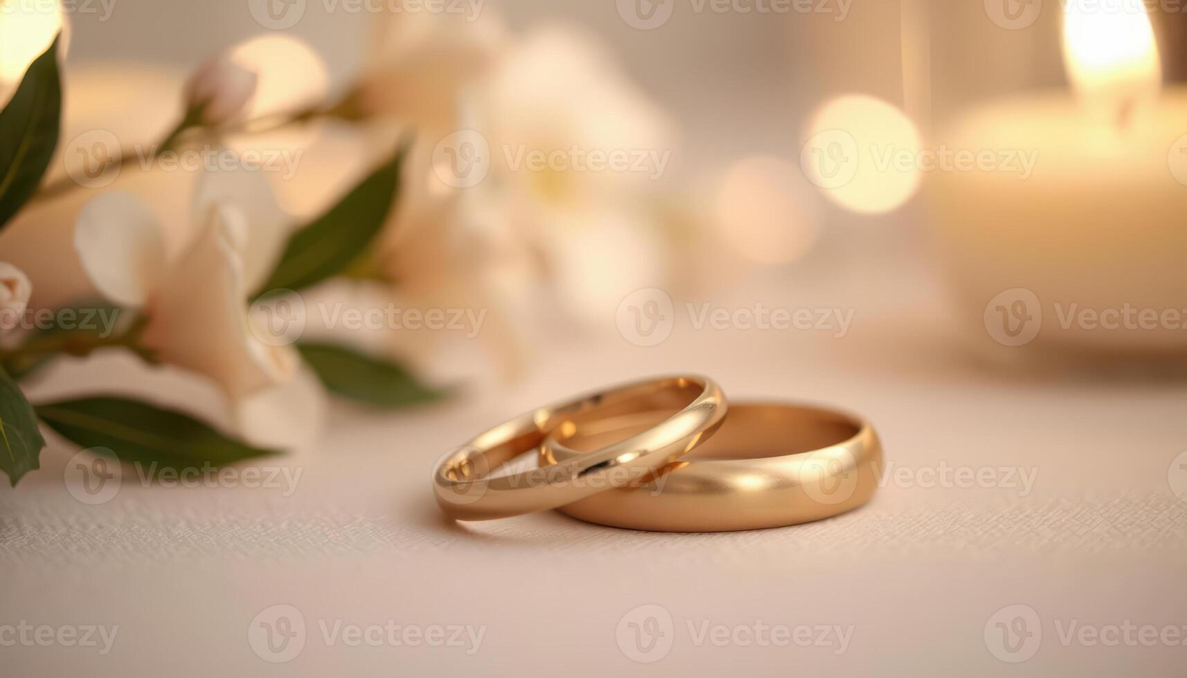 Close up of two polished, glowing gold bands stacked together, symbolizing love and unity in a romantic setting.14 photo