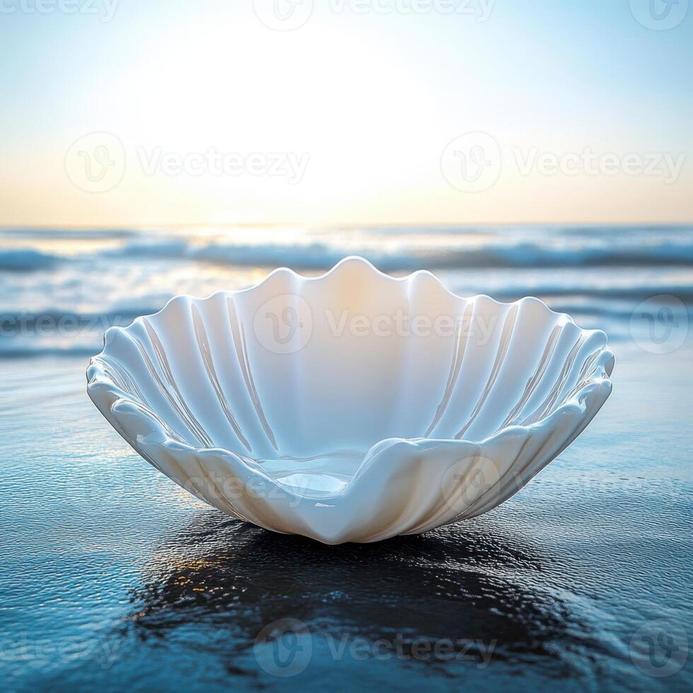 A shell shell on the beach with the ocean in the background photo