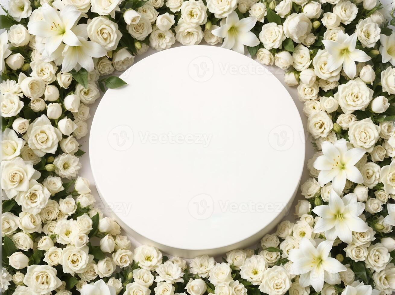 Top down view of an empty podium surrounded by white funeral flowers in a serene setting.17 photo
