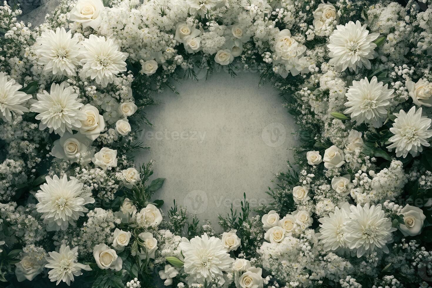 Top down view of an empty podium surrounded by white funeral flowers in a serene setting.i photo