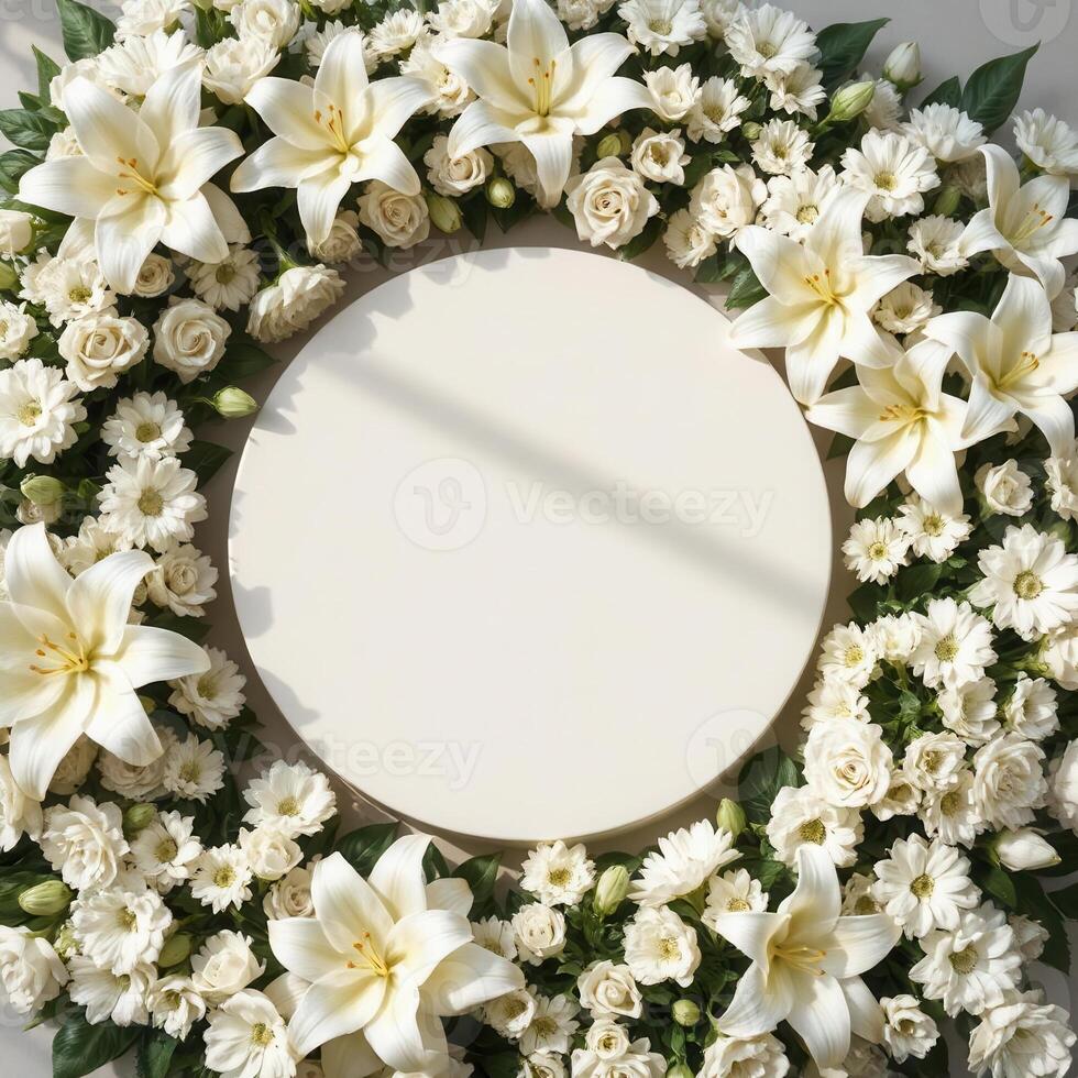 Top down view of an empty podium surrounded by white funeral flowers in a serene setting.10 photo